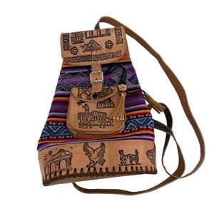 Puro Cuero Backpack Womens Small Multi Arequipa Peru Tooled Leather Woven Boho